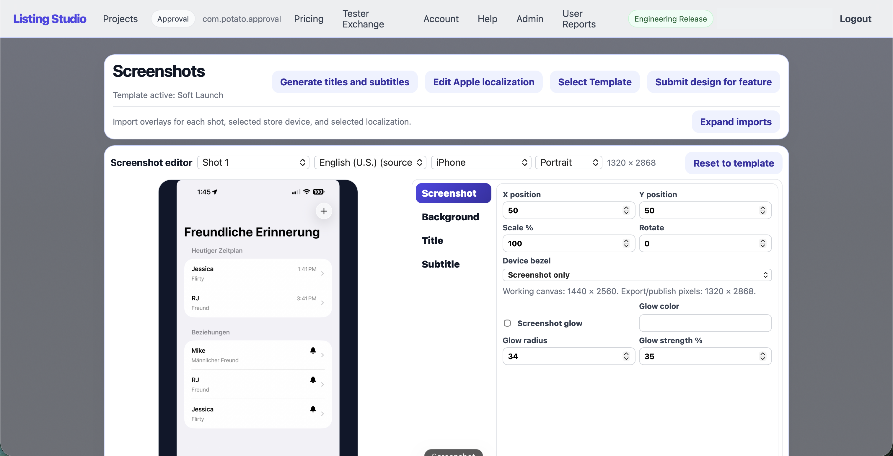 Listing Studios screenshot editor with device, language, canvas, and layout controls