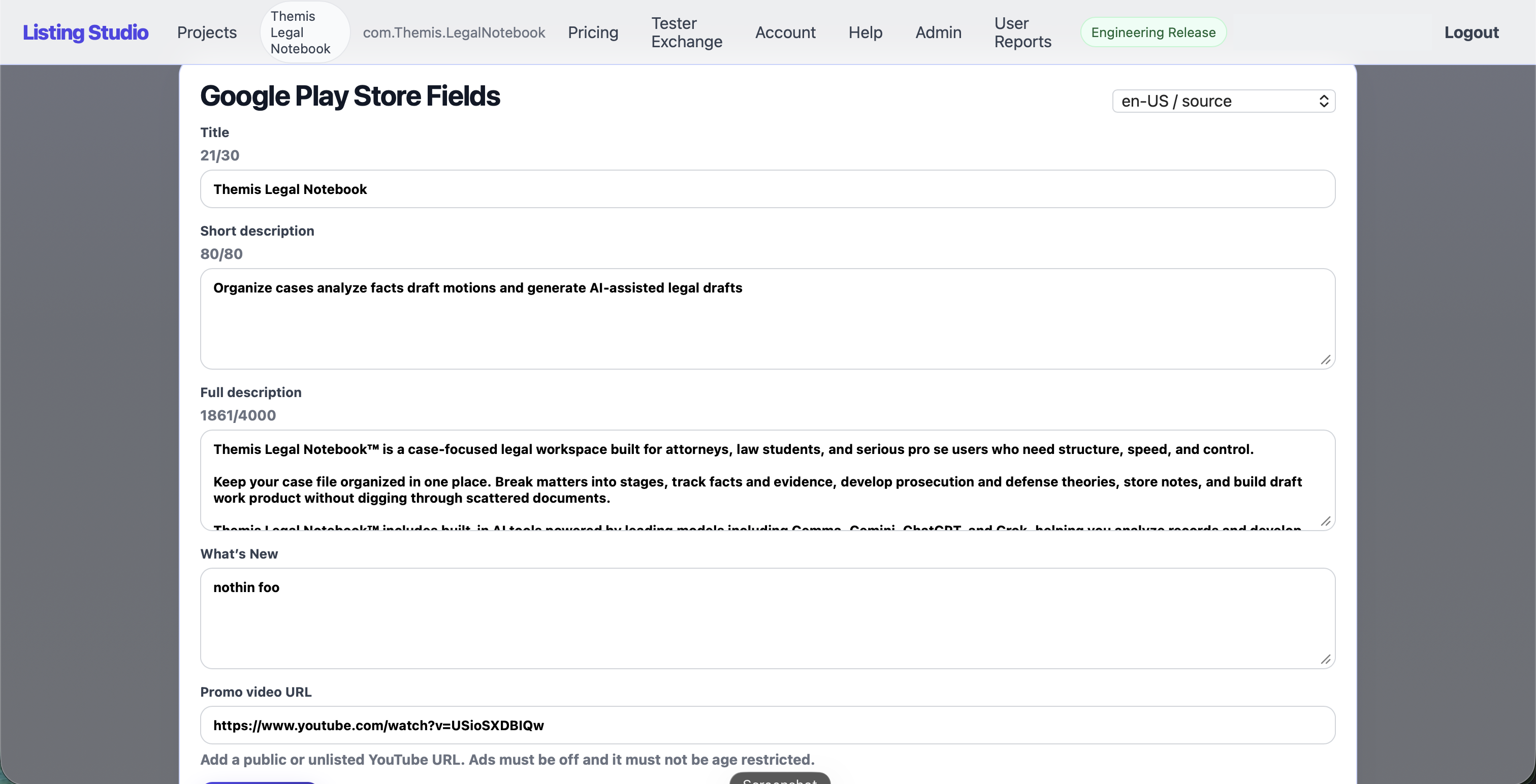 Listing Studios Google Play Store fields for title, short description, full description, and release notes