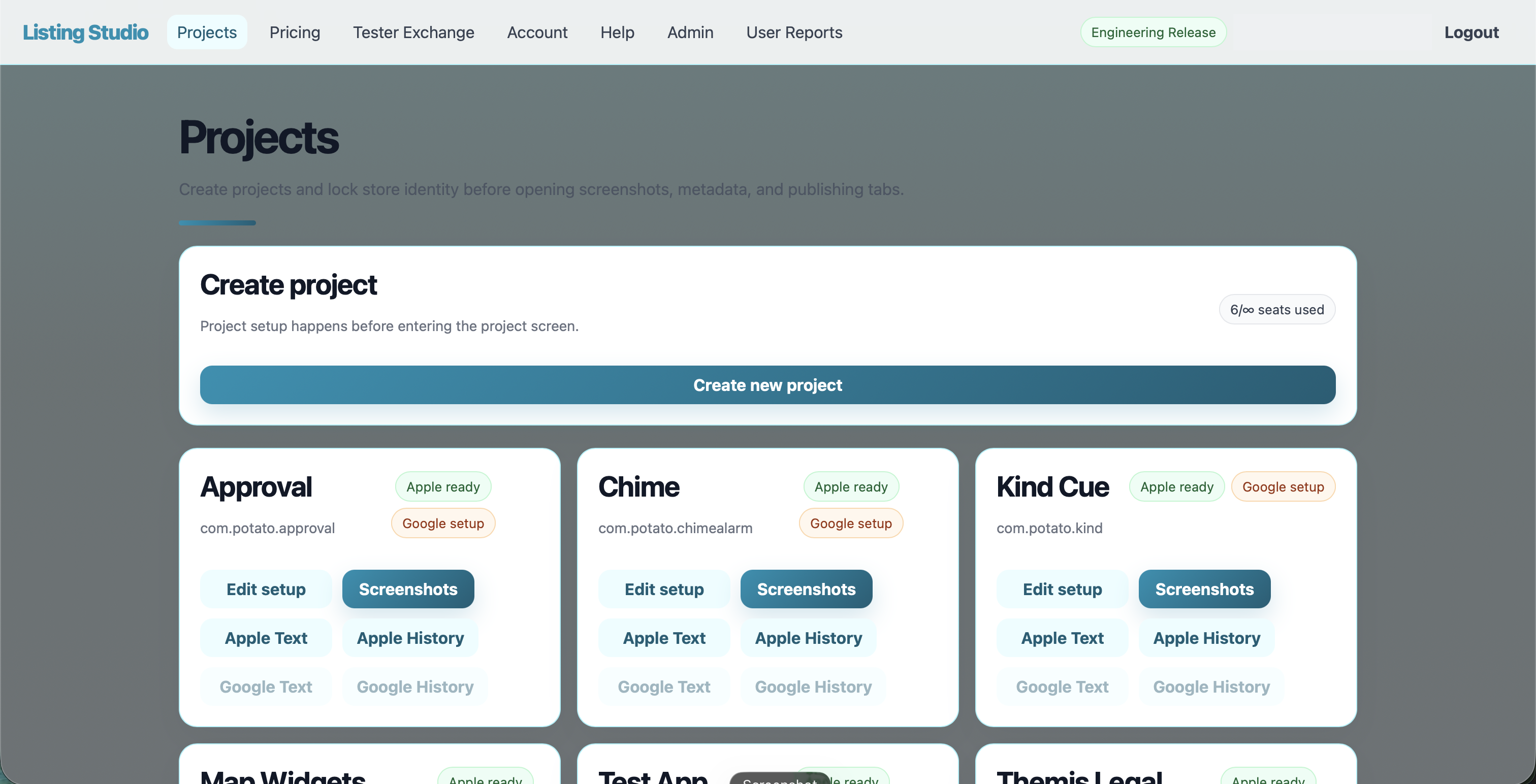 Listing Studios projects dashboard showing project cards and setup status